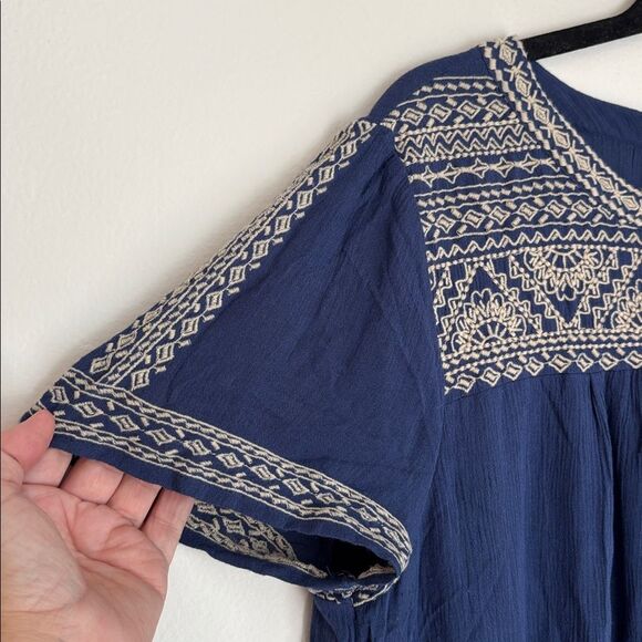 Lucky Brand Dark Blue Embroidered bohemian short sleeve casual Dress Women LG - Picture 4 of 12